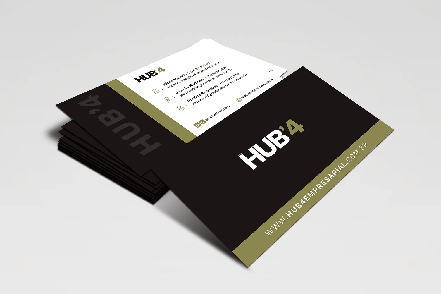 Aplicação da marca HUB4 em cartões de visitas